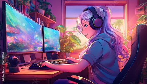 Gamer Girl Immersed in Gameplay with a Cool PC Setup: A Modern Interior Filled with Fluffy Bears and Funkopop Figures in the Background, Capturing the Essence of a Cozy Gaming Environment and Personal