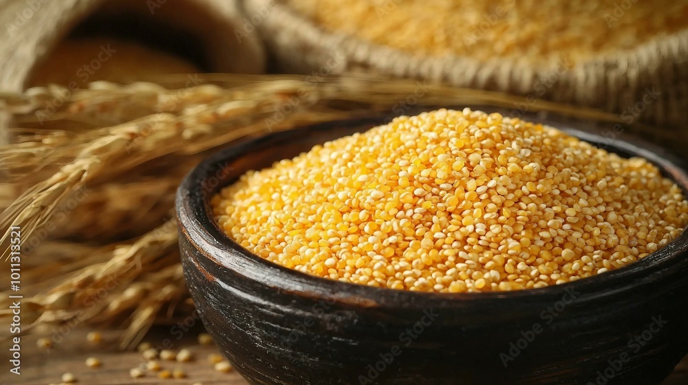 Golden Millet Grains in Rustic Wooden Bowl: A Celebration of Harvest and Nutrition Golden Millet Grains in Rustic Wooden Bowl: A Celebration of Harvest and Nutrition