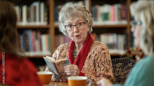 A senior woman enjoying a book club meeting in a cozy library, lively discussion and cups of tea around.