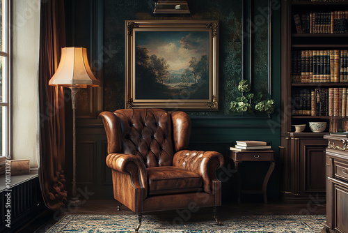 Elegant Study Room with Vintage Books and Classic Leather Armchair 