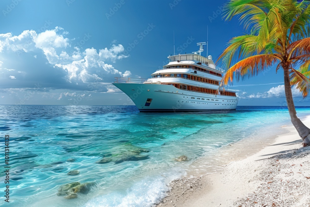 Obraz premium A majestic yacht anchored near a tropical island with vibrant turquoise waters, white sandy shores, and a lone palm tree, set against a bright blue sky and calm ocean.