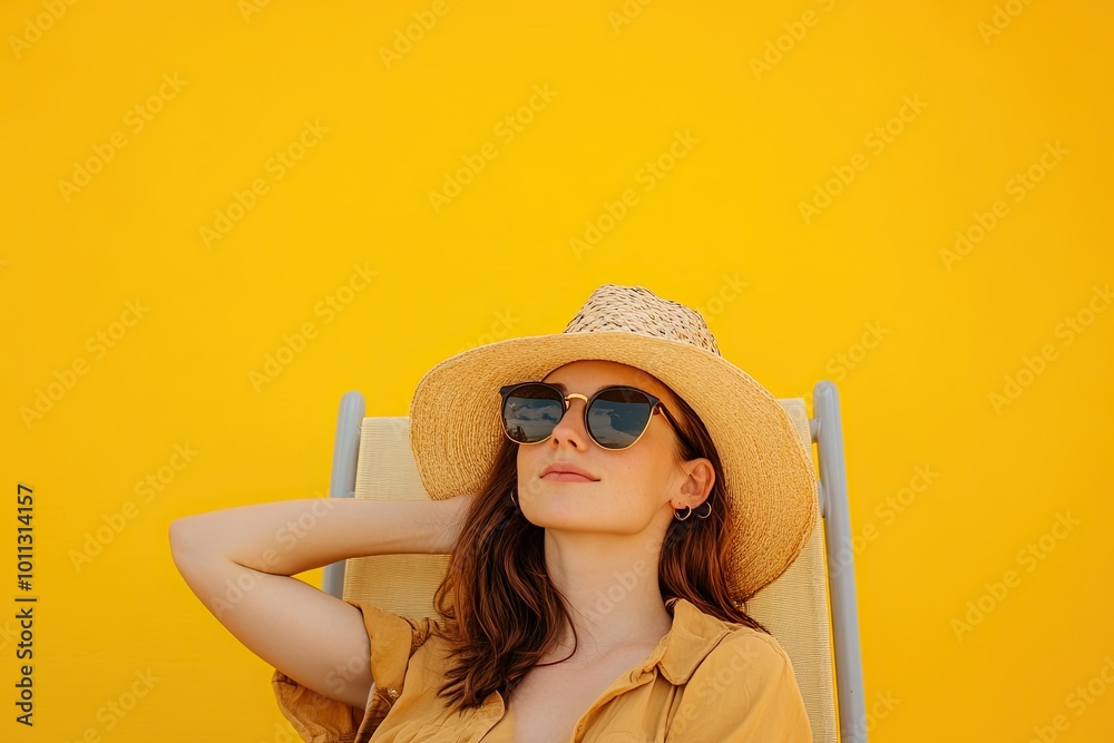 Young cheerful woman in summer clothes sitting in a sun lounger and holding her hand behind her neck, isolated on a plain yellow background. Tourist trips abroad in free stock. Young cheerful woman in summer clothes sitting in a sun lounger and holding her hand behind her neck, isolated on a plain yellow background. Tourist trips abroad in free stock.