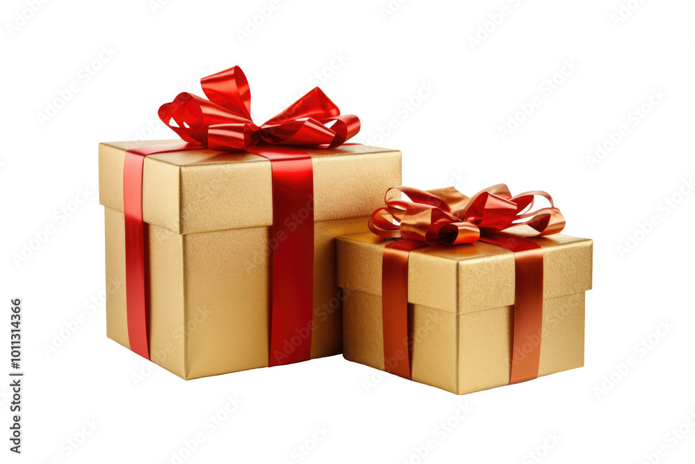 Obraz premium golden gift box with red ribbon bow isolated on white or transparent png
