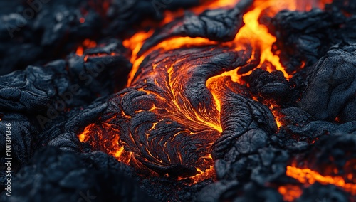 A close-up of lava flowing over black rock, creating intricate patterns and textures