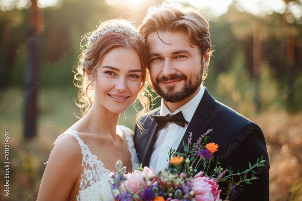 A newlywed couple smiling lovingly at the camera, with the bride holding a bouquet of vibrant wildflowers, standing in a sunlit outdoor setting on their wedding day.
A newlywed couple smiling lovingly at the camera, with the bride holding a bouquet of vibrant wildflowers, standing in a sunlit outdoor setting on their wedding day.