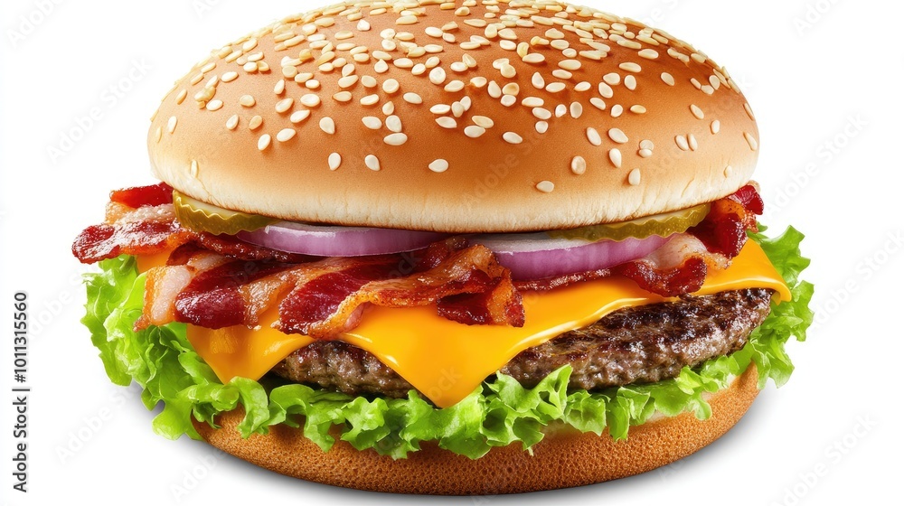 Delicious cheeseburger with bacon and fresh toppings Delicious cheeseburger with bacon and fresh toppings