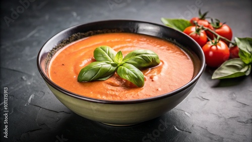Bowl of tomato soup with fresh basil and cherry tomatoes.