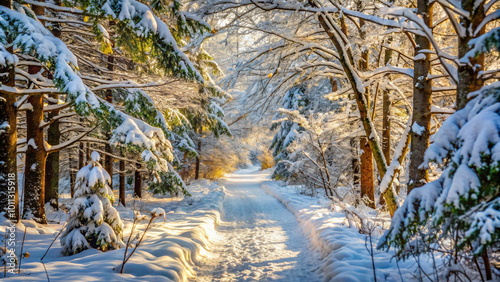Serene Winter Pathway in a Snowy Forest Landscape