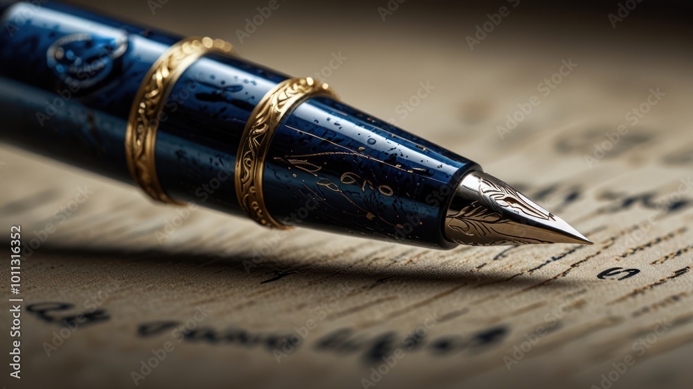 A close-up of a blue and gold fountain pen on a sheet of paper, the nib poised over the ink. A close-up of a blue and gold fountain pen on a sheet of paper, the nib poised over the ink.