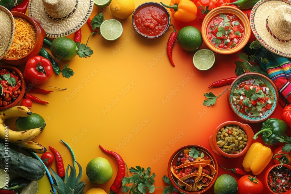 A festive spread of traditional Mexican dishes and ingredients, such as peppers, salsa, and limes, arranged in a circular frame with a vibrant yellow background in the center.
A festive spread of traditional Mexican dishes and ingredients, such as peppers, salsa, and limes, arranged in a circular frame with a vibrant yellow background in the center.