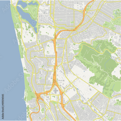 Map of Daly City in California in a normal road map style. Contains layered vector with roads water, parks, etc. photo