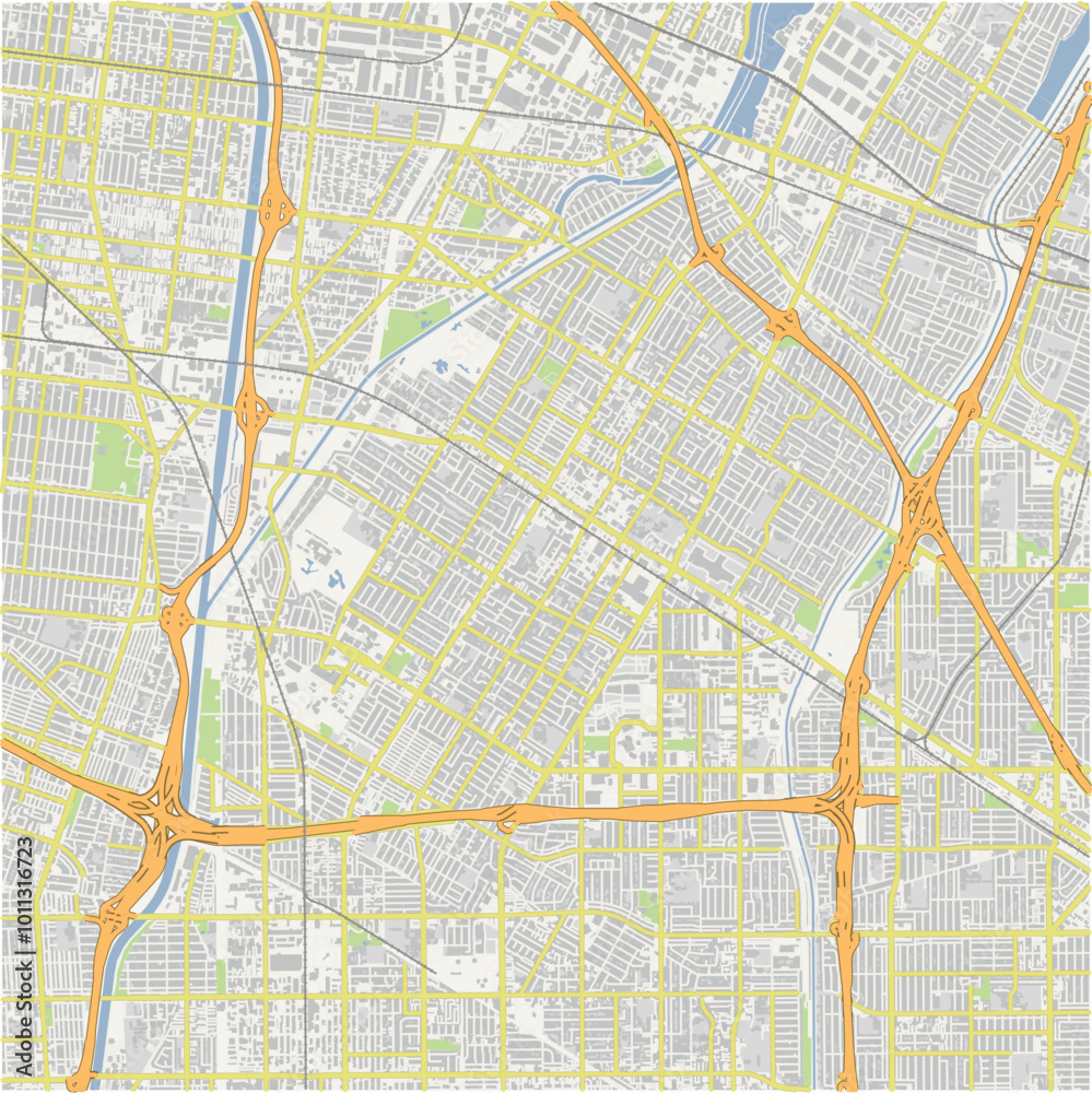 Map of Downey in California in a normal road map style. Contains layered vector with roads water, parks, etc. Map of Downey in California in a normal road map style. Contains layered vector with roads water, parks, etc.