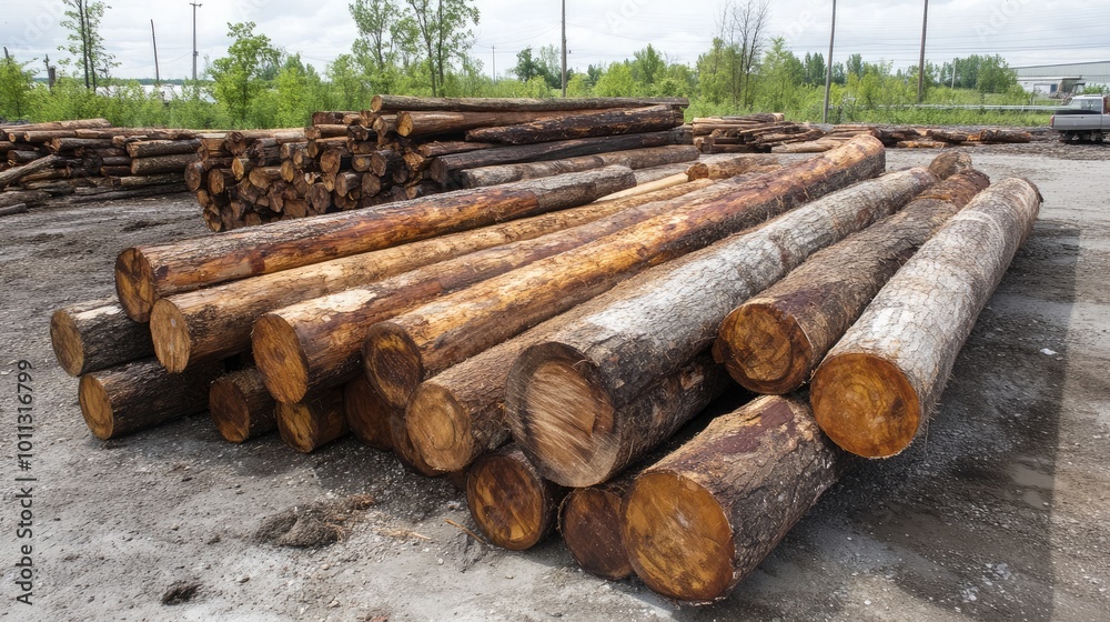 Stacked Logs in a Lumber Yard Under Overcast Sky Stacked Logs in a Lumber Yard Under Overcast Sky