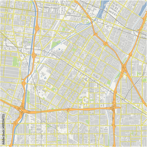 Map of Downey in California in a normal road map style. Contains layered vector with roads water, parks, etc.