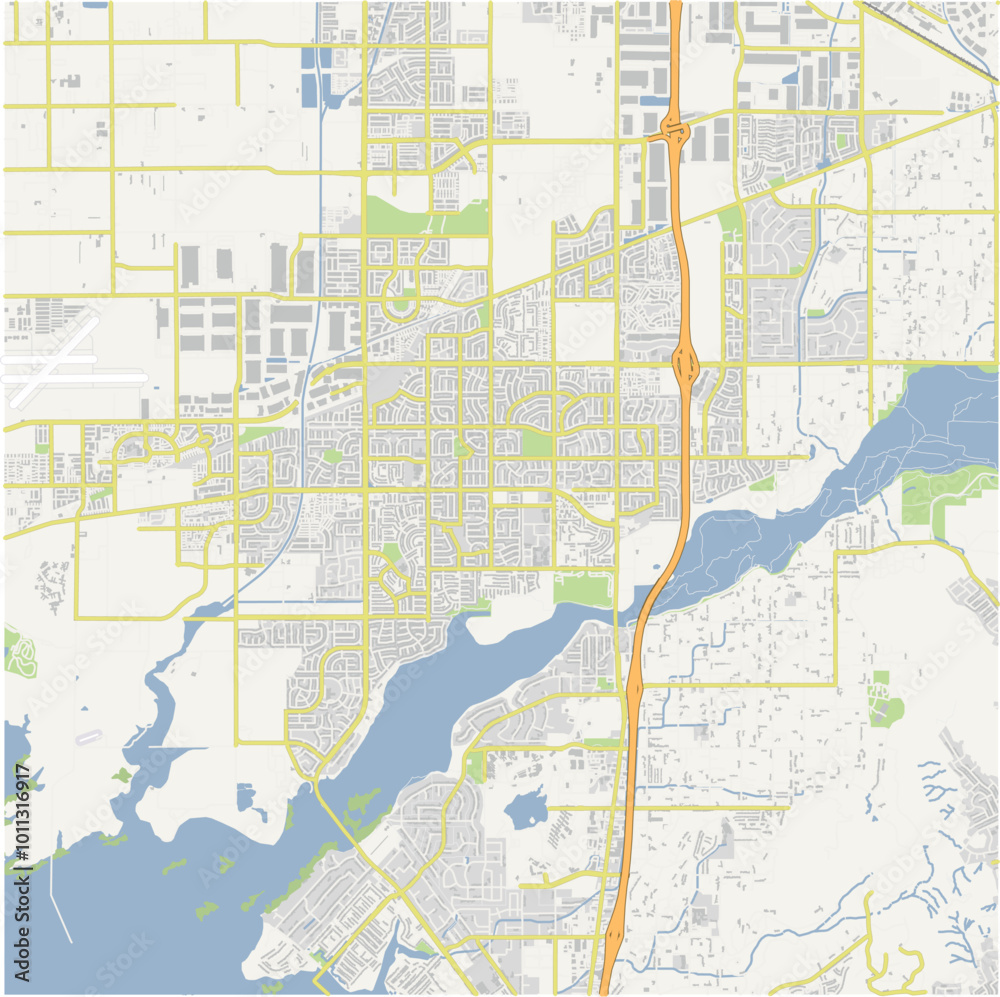 Map of Eastvale in California in a normal road map style. Contains layered vector with roads water, parks, etc. Map of Eastvale in California in a normal road map style. Contains layered vector with roads water, parks, etc.