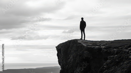 A silhouette of a man standing alone at the edge of a cliff, looking out over a vast landscape.