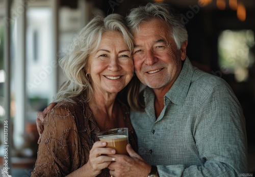 Happy senior couple enjoying a warm embrace and smiling while spending quality time together in a cozy setting