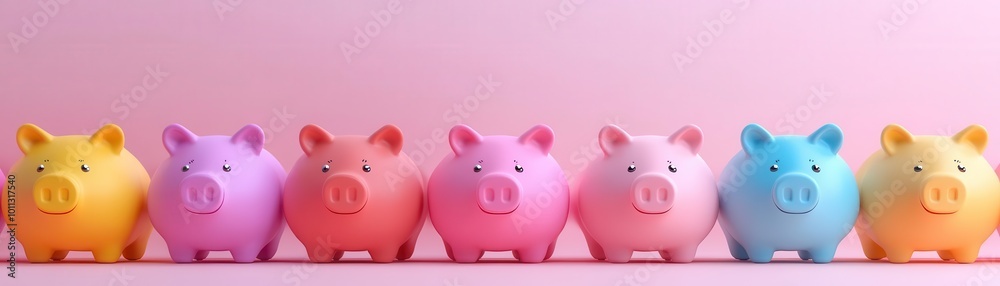 Vibrant piggy banks in pastel colors lined up against a pink background, symbolizing savings, finance, and childhood memories. Vibrant piggy banks in pastel colors lined up against a pink background, symbolizing savings, finance, and childhood memories.