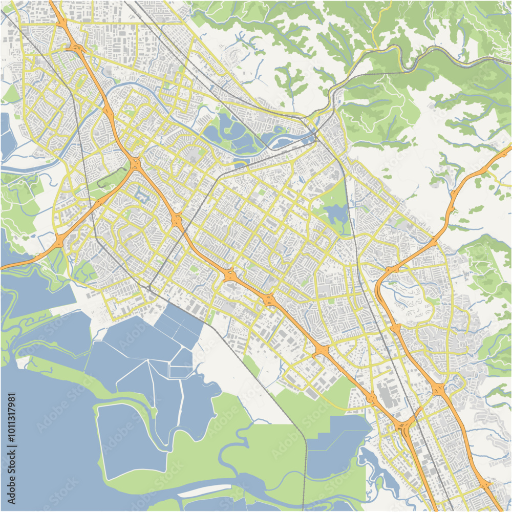 Map of Fremont in California in a normal road map style. Contains layered vector with roads water, parks, etc. Map of Fremont in California in a normal road map style. Contains layered vector with roads water, parks, etc.