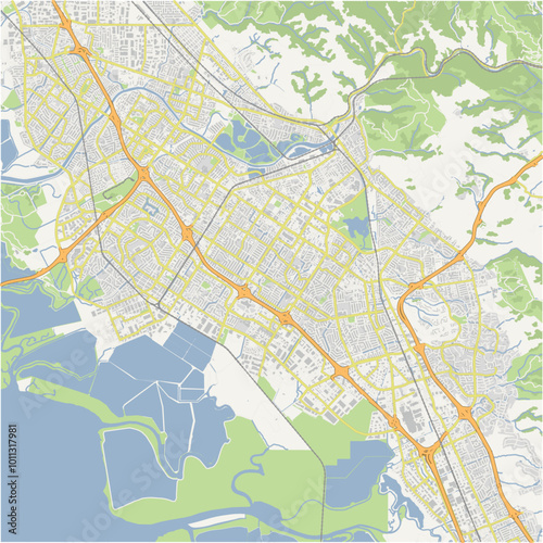 Map of Fremont in California in a normal road map style. Contains layered vector with roads water, parks, etc. photo