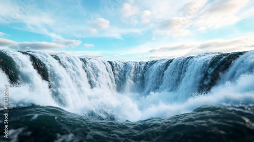 Majestic waterfall crashing into river, powerful water flow, 3D illustration
