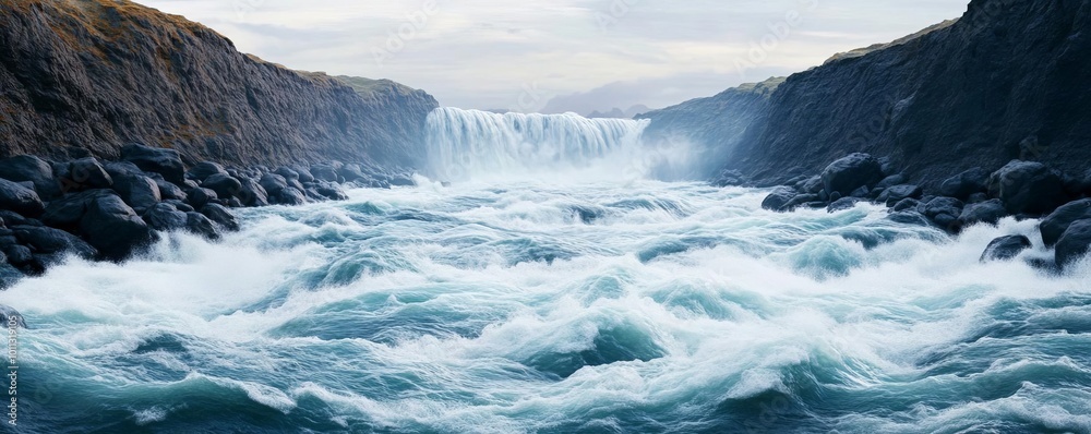 Powerful waterfall in deep canyon, rocks and turbulent water, 3D illustration Powerful waterfall in deep canyon, rocks and turbulent water, 3D illustration