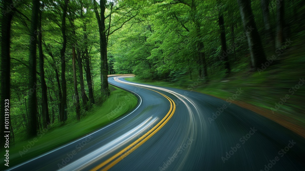 A road meanders through a verdant forest while passing cars cause motion blur. The vehicle drives along the road between lush trees, displaying a balanced environment and the allure of road trips.