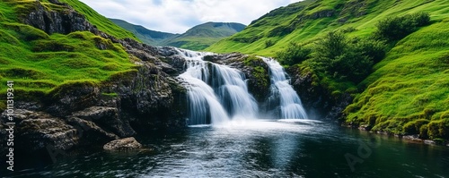 Rushing waterfall in serene landscape, tranquil river below, 3D illustration