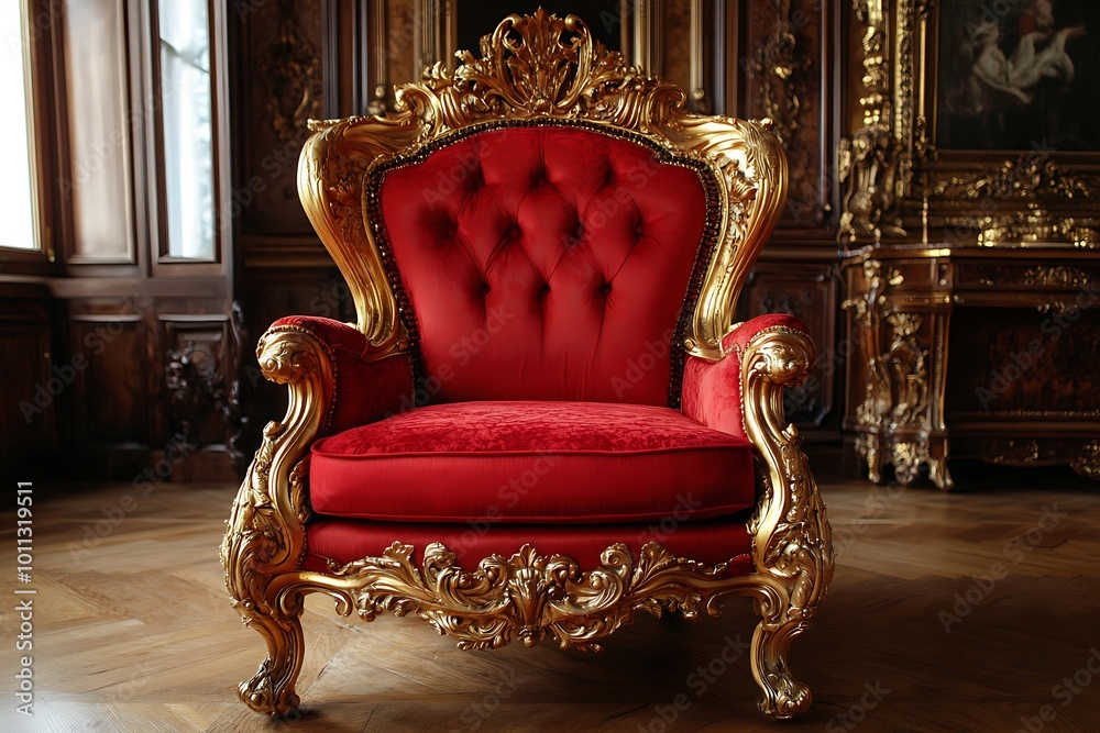Ornate Gold and Red Velvet Armchair in a Luxurious Interior