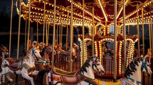 Carousel, Classic carousel with ornate horses under twinkling lights with copy space