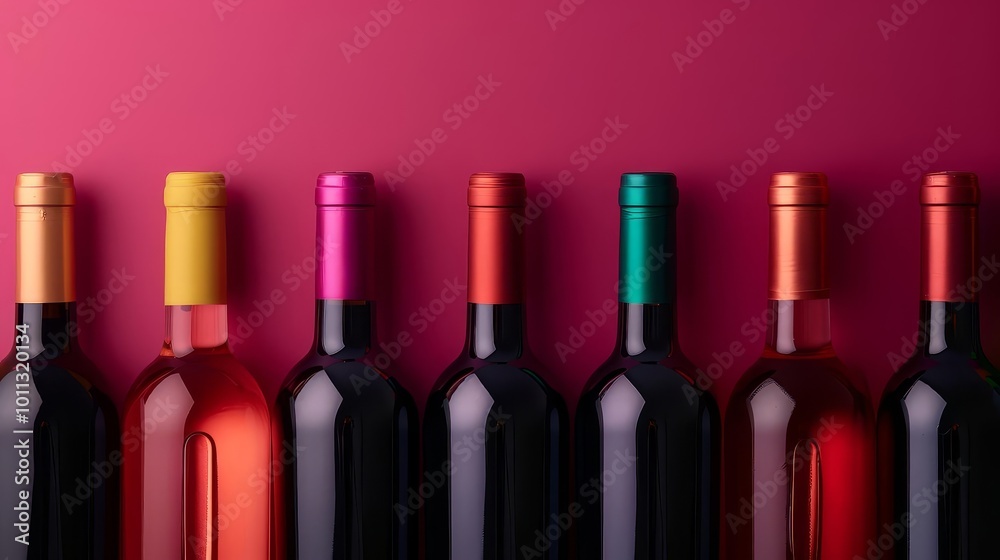 Row of colorful wine bottles on a pink background. Row of colorful wine bottles on a pink background.
