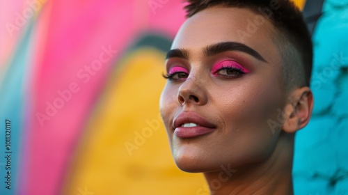 Close-up portrait of a young woman with short hair and bright pink eyeshadow, looking directly at the camera.