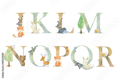 Watercolor animals letters.