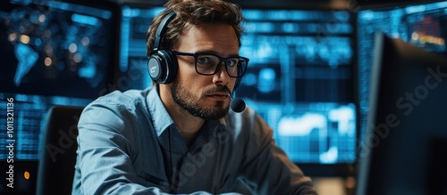 A man in a headset and glasses looking intently at computer screens with blue data displayed.