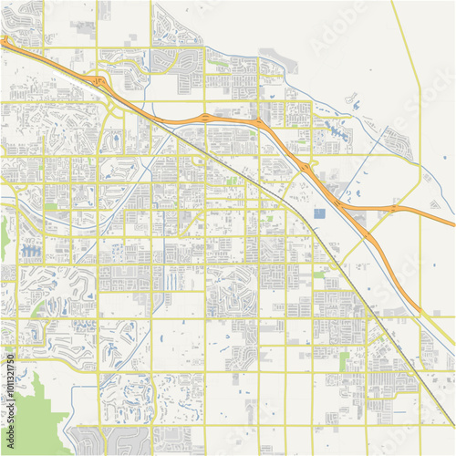 Map of Indio in California in a normal road map style. Contains layered vector with roads water, parks, etc.