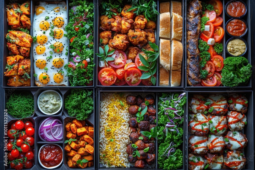 A delightful mix of gourmet dishes, including grilled meats, fresh vegetables, and vibrant sides, arranged in divided trays for a healthy and flavorful dining experience.
A delightful mix of gourmet dishes, including grilled meats, fresh vegetables, and vibrant sides, arranged in divided trays for a healthy and flavorful dining experience.