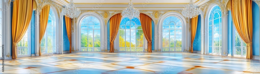 A classic ballroom with crystal chandeliers, marble floors, gold accents, and silk curtains draping from tall windows, Rococo style, HDR lighting, hyperrealistic A classic ballroom with crystal chandeliers, marble floors, gold accents, and silk curtains draping from tall windows, Rococo style, HDR lighting, hyperrealistic
