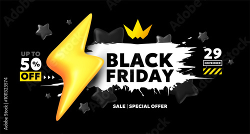 Vector black friday sale illustration with golden lightning and label text on dark background. 3d style sale business promotion fashion design of black friday logo of discount day