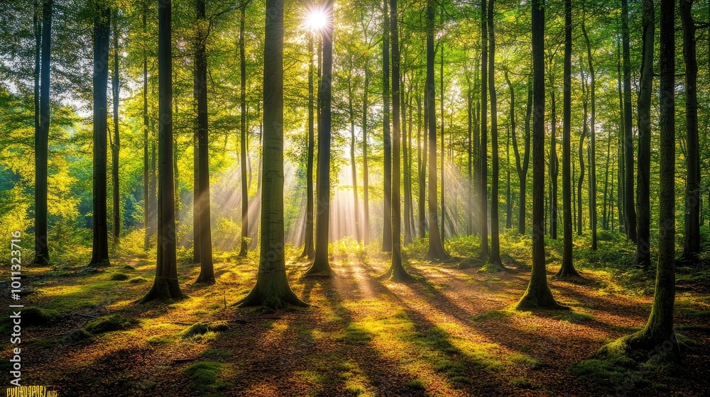 Obraz premium A bright sunlight beam filtering through the trees in a dense forest, casting shadows and light patterns on the forest floor.