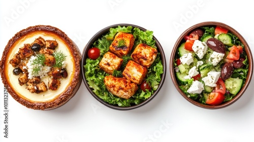 A captivating collection of three dishes: a rich cheesecake, savory chicken tikka, and a vibrant Greek salad, each isolated against a crisp white background for a clean presentation