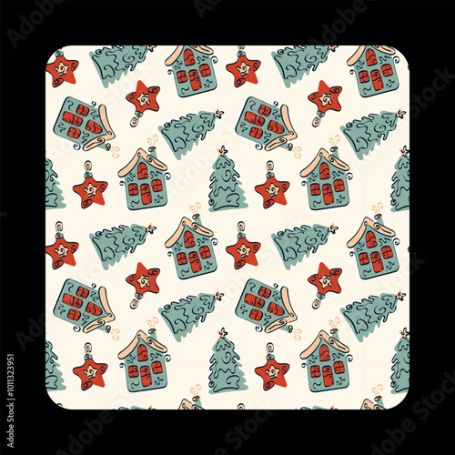 winter retro pattern blue red Christmas houses Christmas trees toys classic wrapper design cover