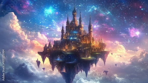 A castle under a magical sky filled with floating islands and constellations that seem to move and shimmer with enchantment.