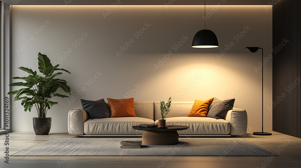 Cozy yet minimalist living room with a plush sofa and a single bold ...