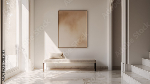 Elegant minimalist entryway featuring a single abstract artwork in warm tones, a modern bench with neutral cushions, and a polished marble floor
