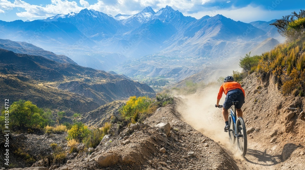 Fototapeta premium A cyclist on a rugged trail, navigating through rocky terrain, with mountains in the background and dust flying up from the tires.