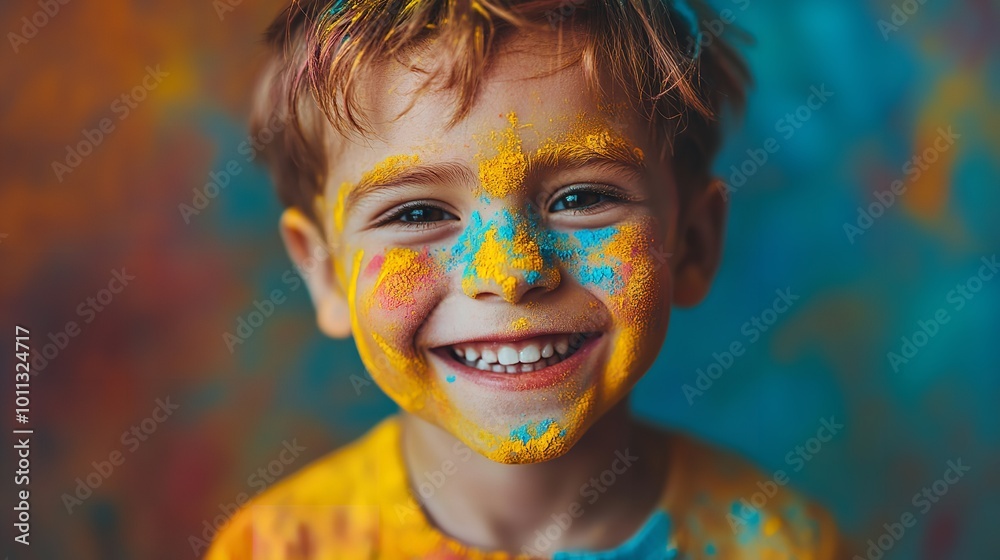 Candid photo of a happy boy with a colorful powder splash on his face Candid photo of a happy boy with a colorful powder splash on his face