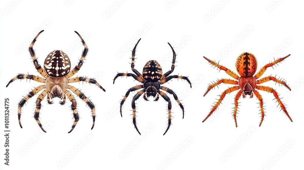A detailed collection of 3 different arachnids with 8 legs, neatly arranged A detailed collection of 3 different arachnids with 8 legs, neatly arranged