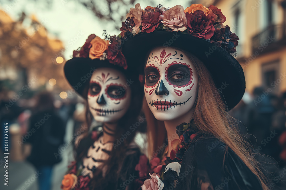 Mother and daughter in Day of the Dead makeup with floral crowns, celebrating Día de los Muertos in a city street, perfect for cultural and holiday-themed events.