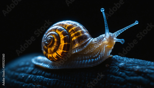 the patterns on a snail's body in macro, showcasing its moist texturea detailed shot of a firefly glowing in the dark, capturing its bioluminescence photo