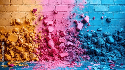 Colorful powder bursts against a textured wall during an artistic celebration in a vibrant urban setting photo